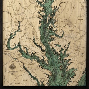 Carte/Carte de profondeur topographique en bois sculpté de la baie de Chesapeake - Marron