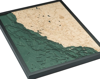 California Coast Wood Carved Topographical Depth Chart / Map