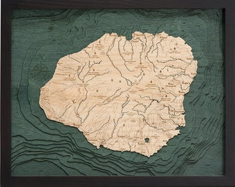 Kauai Wood Carved Topographic Depth Chart / Map