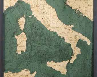 Italy Wood Carved Topographic Depth Chart / Map