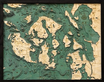 San Juan Islands Wood Carved Topographical Map / Chart