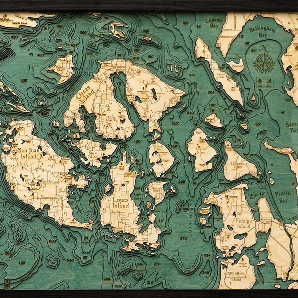 San Juan Islands Wood Carved Topographical Map / Chart