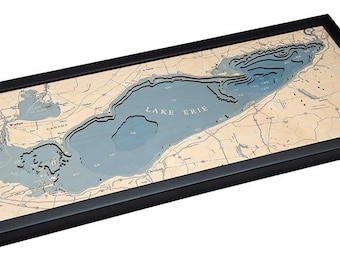 Lake Erie UV-Printed Wood Carved Topographical Depth Chart / Map