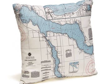 Lake Charlevoix, MI Indoor/Outdoor Nautical Pillow  | Home Decor | Unique Decoration