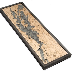 Carte/carte de profondeur topographique en bois sculpté du lac Champlain - 3 options de cadre
