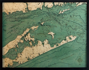Hamptons / East Long Island Sound Wood Carved Topographic Depth Chart / Map