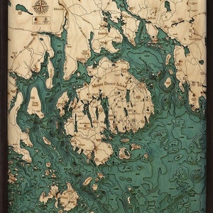 Carte/carte de profondeur topographique en bois sculpté du mont Desert / Bar Harbor