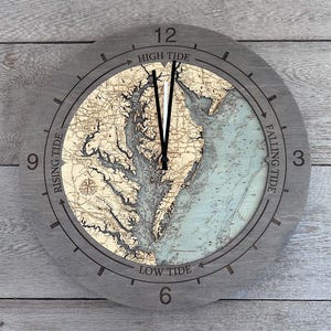 Chesapeake Bay Tide and Time Clock Wood Carved Topographic Clock