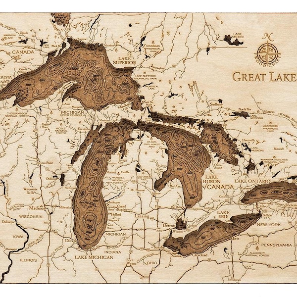 Carte des Grands Lacs en liège | Décoration murale topographique | Art nautique | Élément décoratif côtier léger