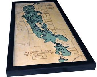 Silver Lake, Michigan Wood Carved Topographic Depth Chart / Map