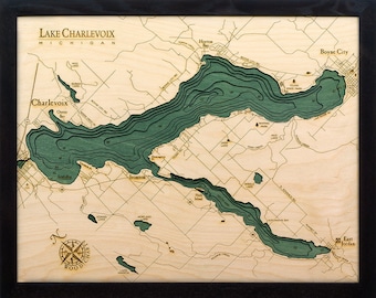 Lake Charlevoix Wood Carved Topographic Depth Chart / Map - Brown