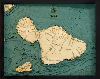 Maui Wood Carved Topographic Depth Chart / Map