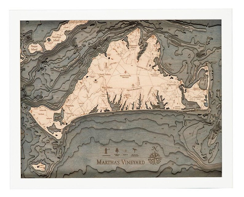 Martha's Vineyard, Massachusetts Map Gift | Laser-Cut 3D Wood Depth Chart | Wood Anniversary, Housewarming & Boater Gift White Frame