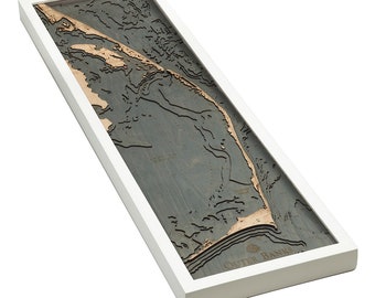 Outer Banks, North Carolina Wood Carved Topographic Depth Chart / Map - White Frame - 3 Frame Options