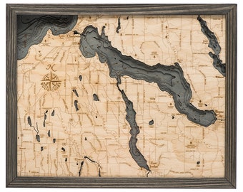 Lake Charlevoix Wood Carved Topographic Depth Chart / Map