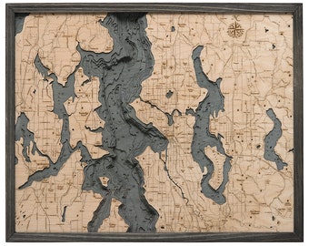 Seattle, WA Wood Carved Topographical Map - Gray Frame