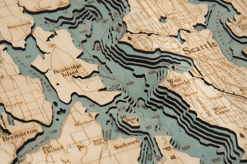 Puget Sound Wood Carved Topographic Map Gray image 7