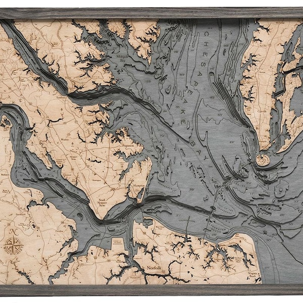 Norfolk, VA 3D Wood Map | Laser-Cut Nautical Depth Chart | Bathymetric Wall Art | Coastal Decor | Gift for Sailors & Beach Lovers