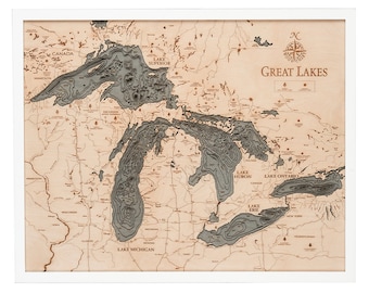 Great Lakes Wood Carved Topographical Depth Chart / Map - White Frame - 3 Frame Options