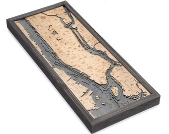 Manhattan, New York Wood Carved Topographic Depth Chart / Map