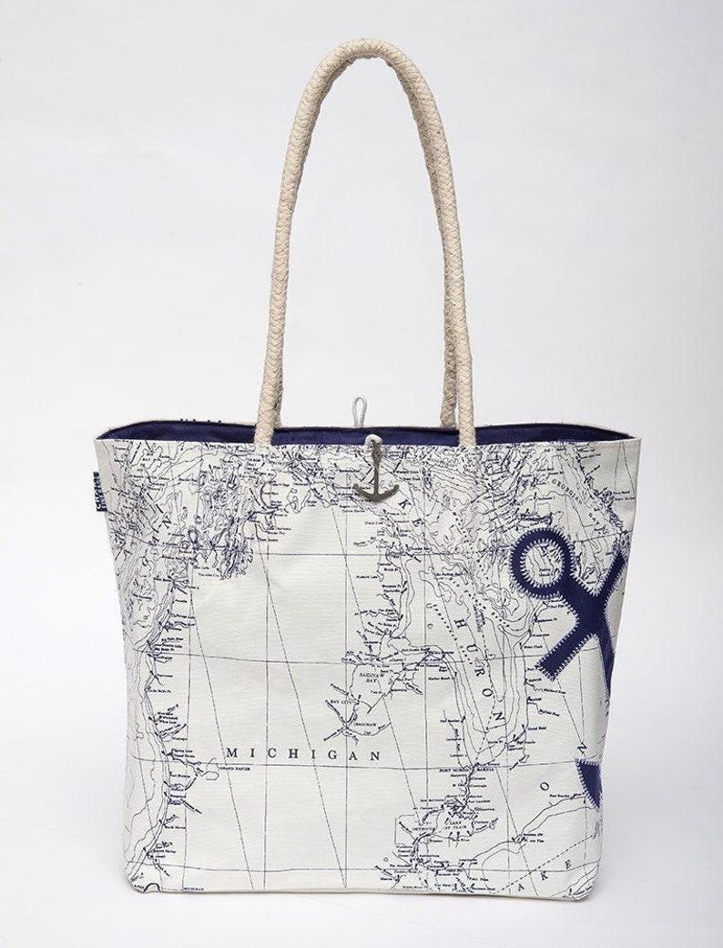 Great Lakes Sail Bag Tote | Nautical Canvas Beach Bag with Rope Handle and Anchor Closure | Great Lakes Gift 画像 3