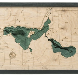 Tableau de profondeur topographique sculpté en bois de Crooked Lake / carte