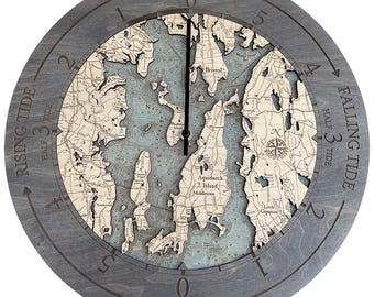 Narragansett Bay Tide Clock Wood Carved Topographic Clock