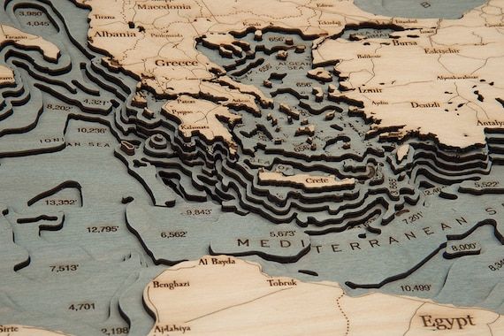 Mediterranean Sea Wood Carved Topographic Depth Chart / Map - Etsy