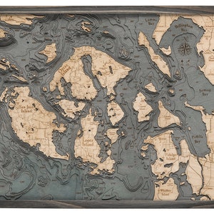 San Juan Islands Wood Carved Topographical Map - Grey Frame
