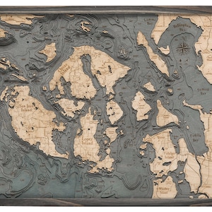 Carte Topographique des îles San Juan en bois sculpté - Cadre gris