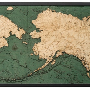 Alaska Wood Carved Toographic Depth Chart / Carte