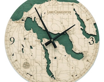 Lake Charlevoix Wood Carved Clock