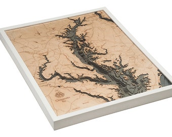 Chesapeake Bay Wood Carved Topographic Depth Chart / Map - White Frame - 3 Frame Options