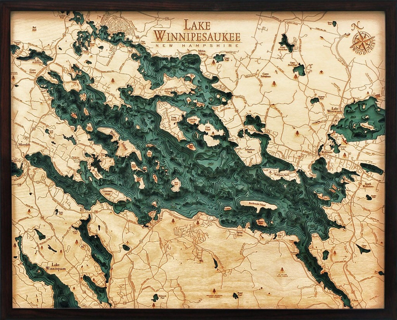 Lake Winnipesaukee Wood Carved Topographic Depth Chart / Map - Etsy