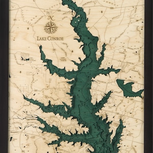 Lake Conroe, TX Wood Carved Toographic Depth Chart / Carte