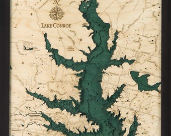 Lake Conroe, TX Wood Carved Topographic Depth Chart / Map