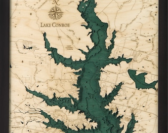 Lake Conroe, TX Wood Carved Topographic Depth Chart / Map