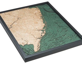 New Jersey Coast Wood Carved Topographical Depth Chart – Laser-Cut 3D Nautical Map – 2 Frame Options