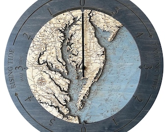 Chesapeake Bay Tide Clock Wood Carved Topographic Clock