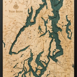 Puget Sound Wood Carved Topographic Map Gray Brown