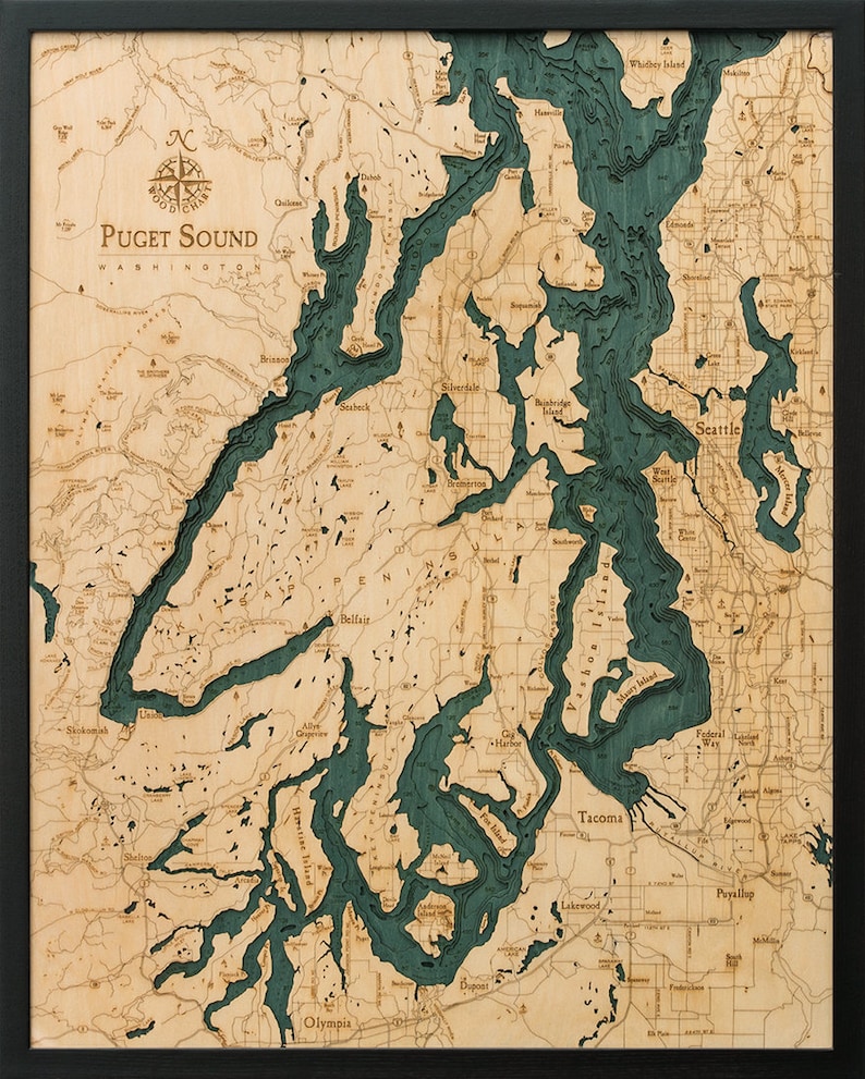 Puget Sound Wood Carved Topographic Map Gray Brown