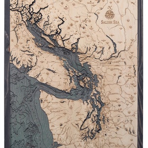 Carte topographique en bois sculpté de la mer des Salish