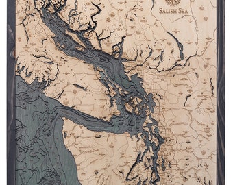Salish Sea Wood Carved Topographical Map / Chart