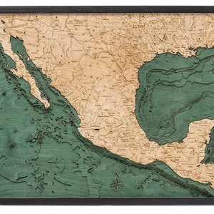 Mexico Wood Carved Topographic Depth Chart / Map