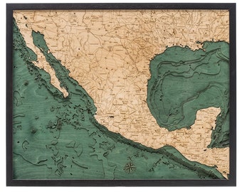 Mexico Wood Carved Topographic Depth Chart / Map