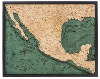 Mexico Wood Carved Topographic Depth Chart / Map