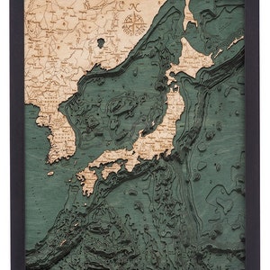 Carte de la profondeur topographique en bois sculpté du Japon et de la Corée