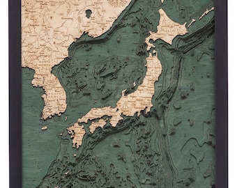 Japan and Korea Wood Carved Topographic Depth Map