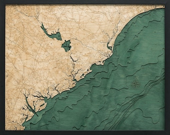 South Carolina Coast Wood Carved Topographic Depth Chart / Map