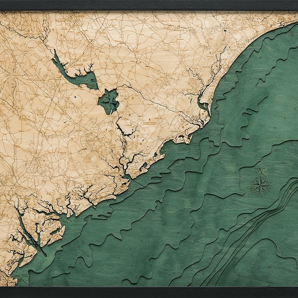 South Carolina Coast Wood Carved Topographic Depth Chart / Map